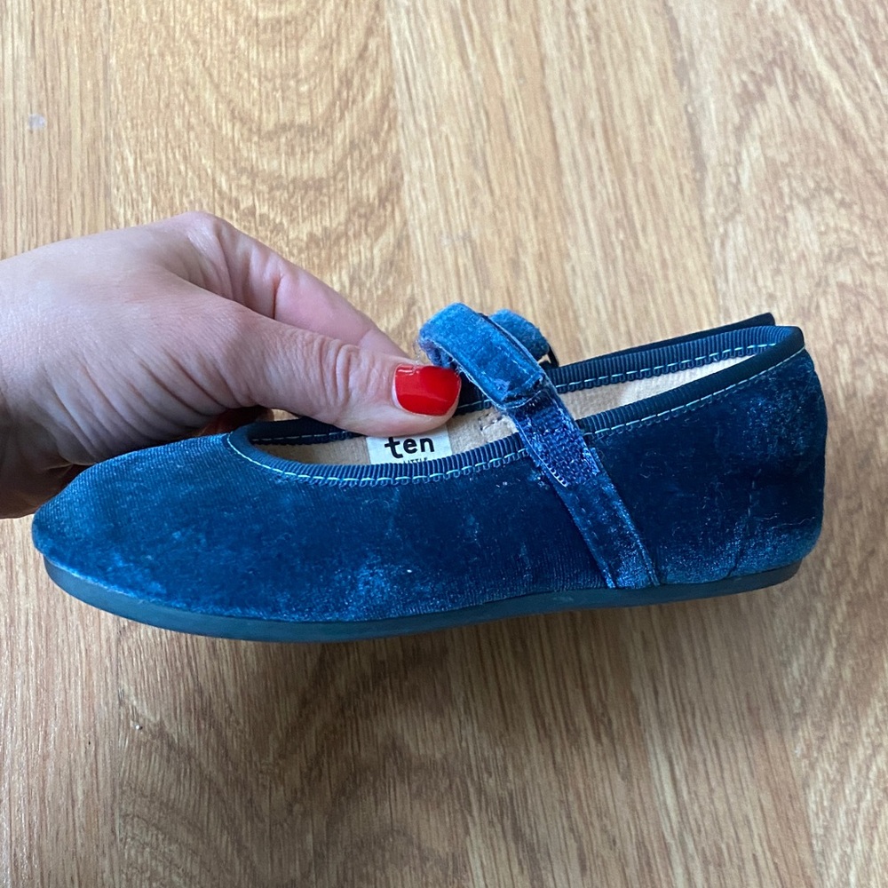 Velvet Navy Mary Jane Kids Dress Shoes with Hook-and-Loop Strap - Picture 2 of 6
